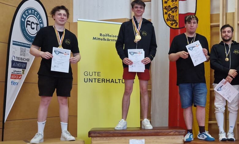v.l.n.r: Siegerehrung mit Simon Brenner, Thiemo May, Jonas Prettenthaler, Andreas Waldherr, alle Fencing Club Villach © Fencing Club Villach